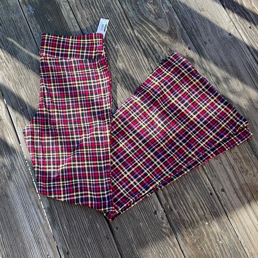 Purple & Yellow & Black Plaid Flare Leg Pants